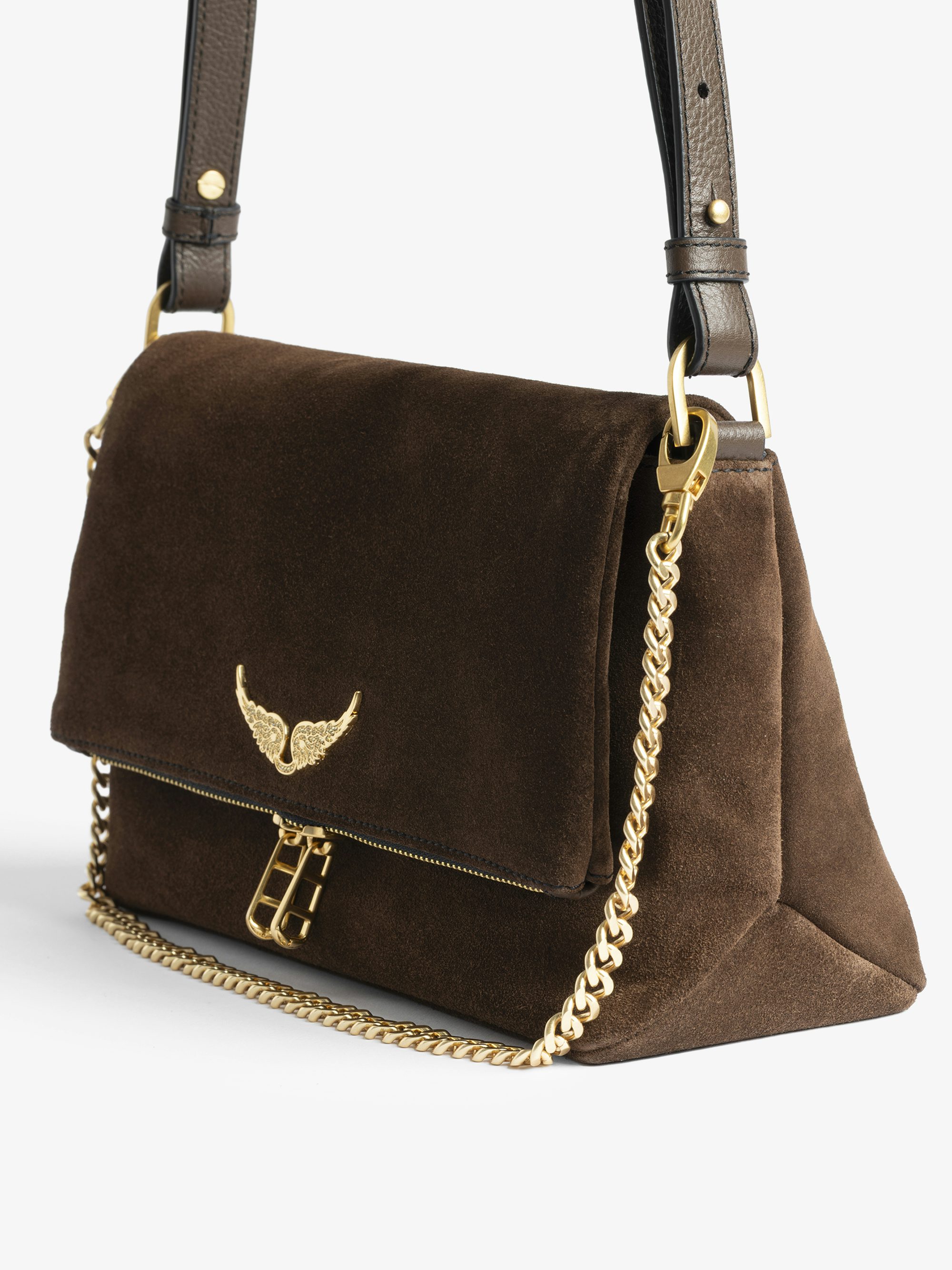 Rocky II Suede Bag - Suede leather shoulder bag with chain and signature rhinestone-embellished wings.